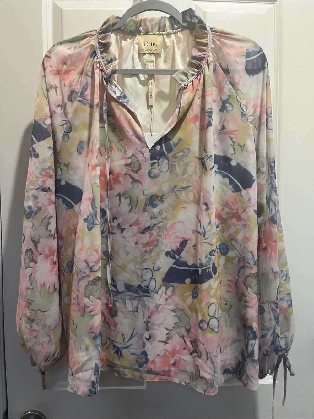 Elie Tahari Pastel Floral Tie-Neck Blouse in Pink, Blue & Cream